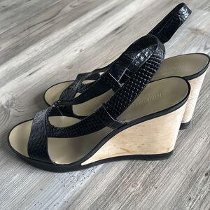 Nine West Black Leather Staple  Cork Bottom Wedges Size 10